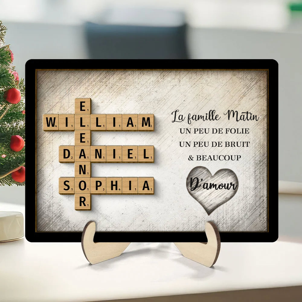 Plaque en bois personnalisée à 2 couches avec noms de famille en mots croisés