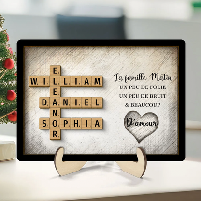Plaque en bois personnalisée à 2 couches avec noms de famille en mots croisés