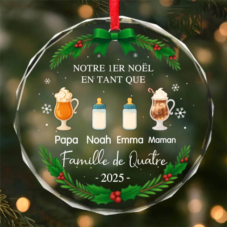 Orement en verre avec boissons et nom « 1er Noël en famille à... » Décoration de Noël personnalisée