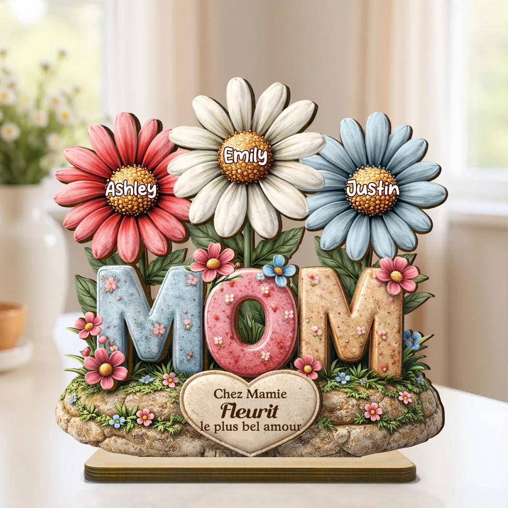 Décoration en bois personnalisé « MOM » avec fleurs – Cadeau pour maman et mamie