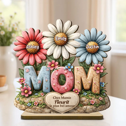 Décoration en bois personnalisé « MOM » avec fleurs – Cadeau pour maman et mamie