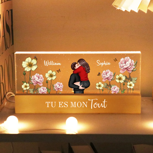 Veilleuse LED personnalisée avec couple et fleurs de naissance