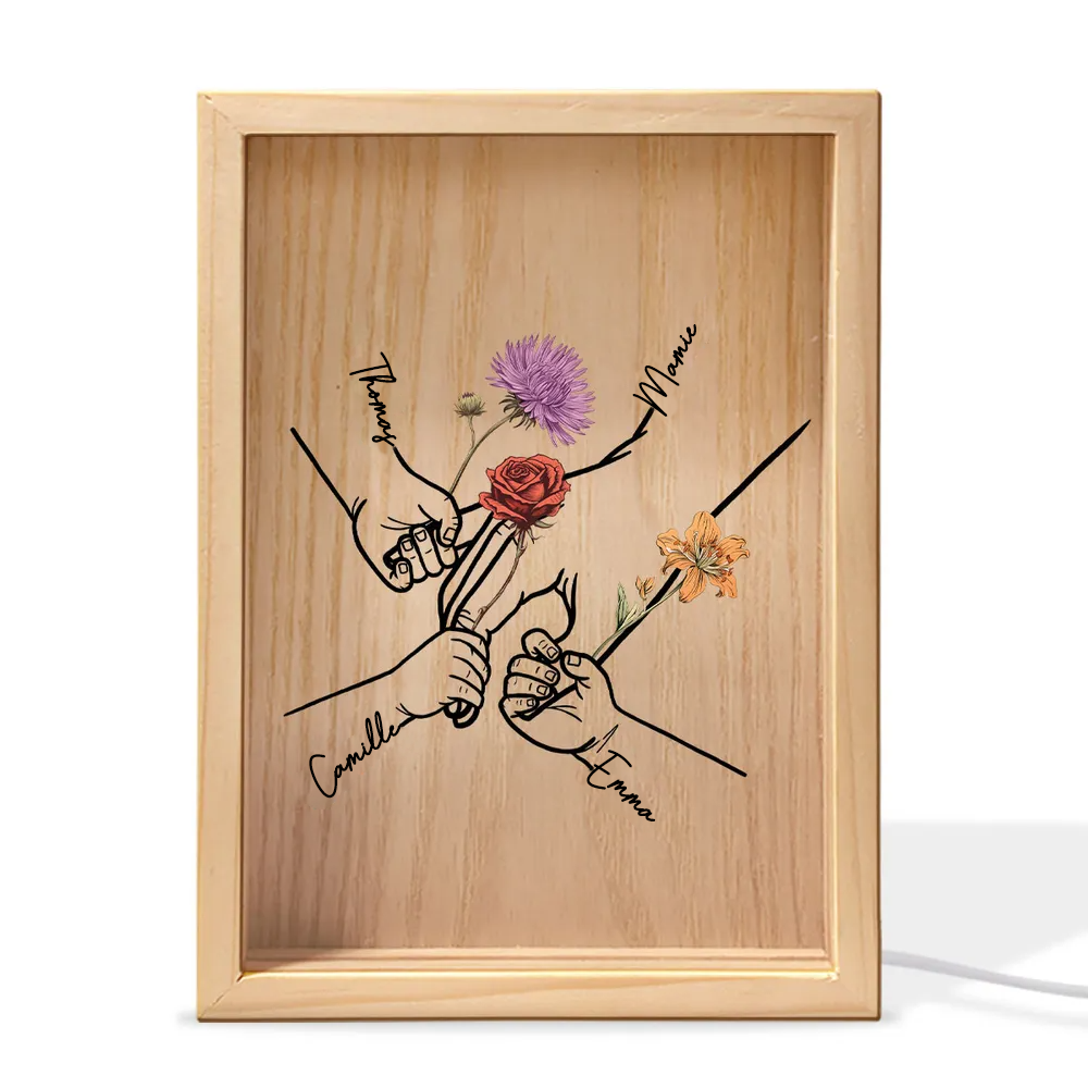 Mains entrelacées – Cadre lumineux personnalisé avec fleurs de naissance et prénoms, cadeau pour maman et mamie