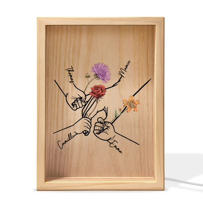 Mains entrelacées – Cadre lumineux personnalisé avec fleurs de naissance et prénoms, cadeau pour maman et mamie