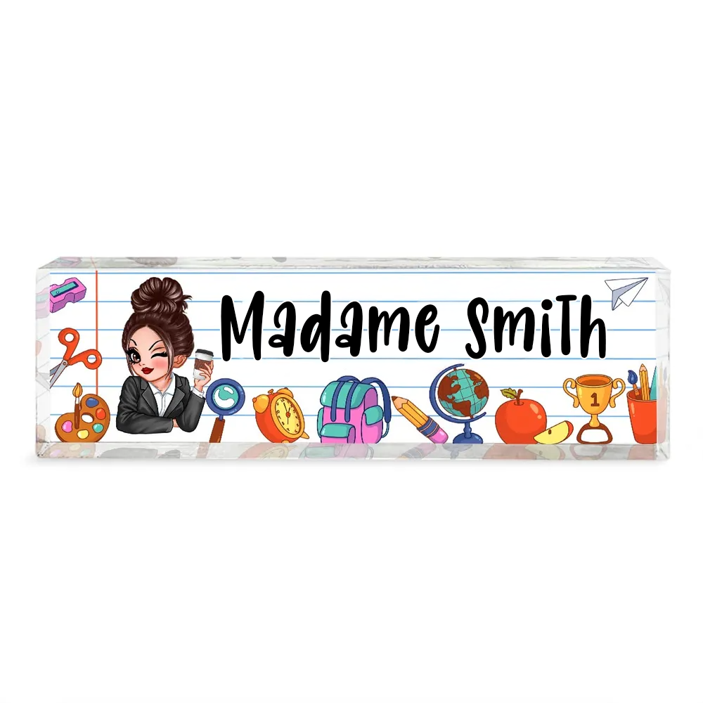 Plaque nominative en acrylique personnalisée – Pour enseignantes avec motif scolaire