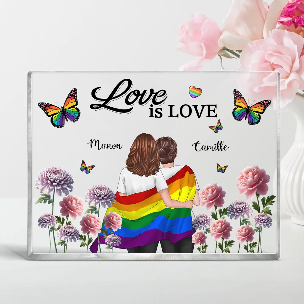 Plaque en acrylique personnalisée avec motif arc-en-ciel et 2 personnages – Cadeau pour couples LGBT
