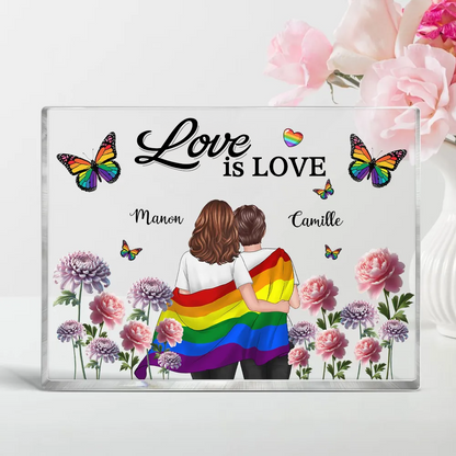 Plaque en acrylique personnalisée avec motif arc-en-ciel et 2 personnages – Cadeau pour couples LGBT