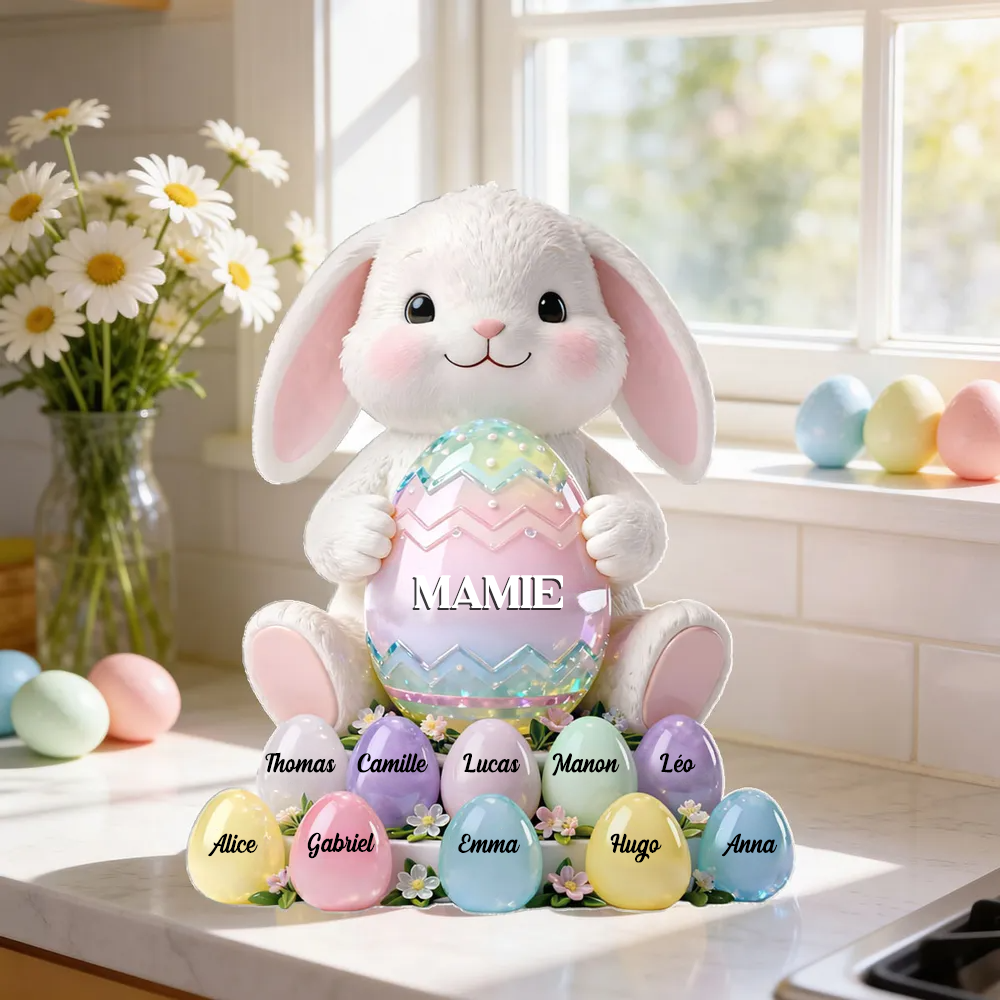 Lapin de Pâques Mamie – Bloc en acrylique personnalisé avec prénoms – Décoration de Pâques, cadeau pour mamie