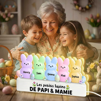 Lapins de Pâques colorés pour mamie et papi – Boîte lumineuse LED personnalisée avec les prénoms des petits-enfants | Cadeau de Pâques pour grands-parents