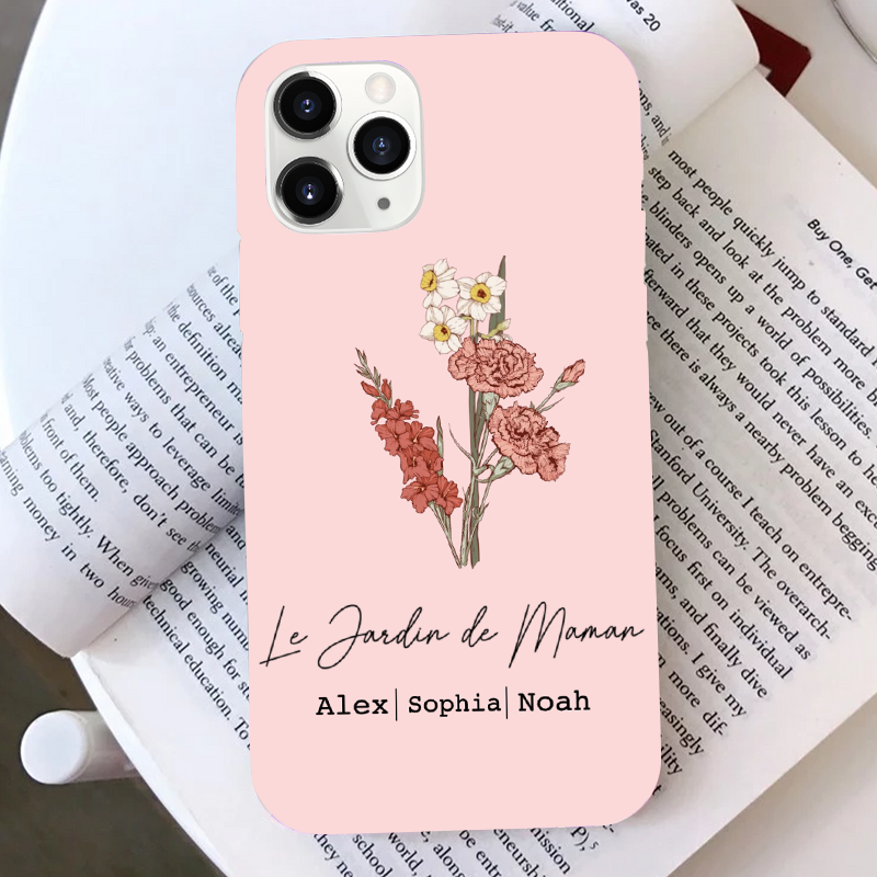 Coque en silicone personnalisée avec bouquet de fleurs de naissance – Cadeau pour maman et mamie, compatible iPhone et Samsung