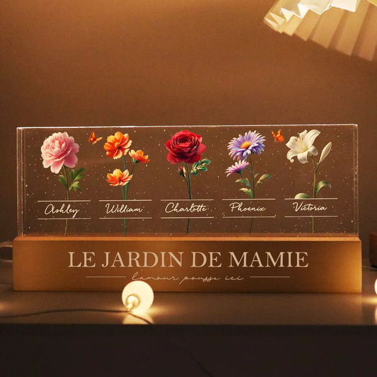 Veilleuse LED avec fleurs de naissance et prénoms – Cadeau pour grand-mère et maman