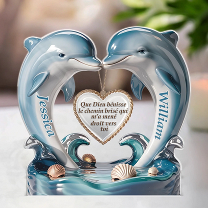 Plaque acrylique personnalisée avec dauphins et cœur – Cadeau pour couple