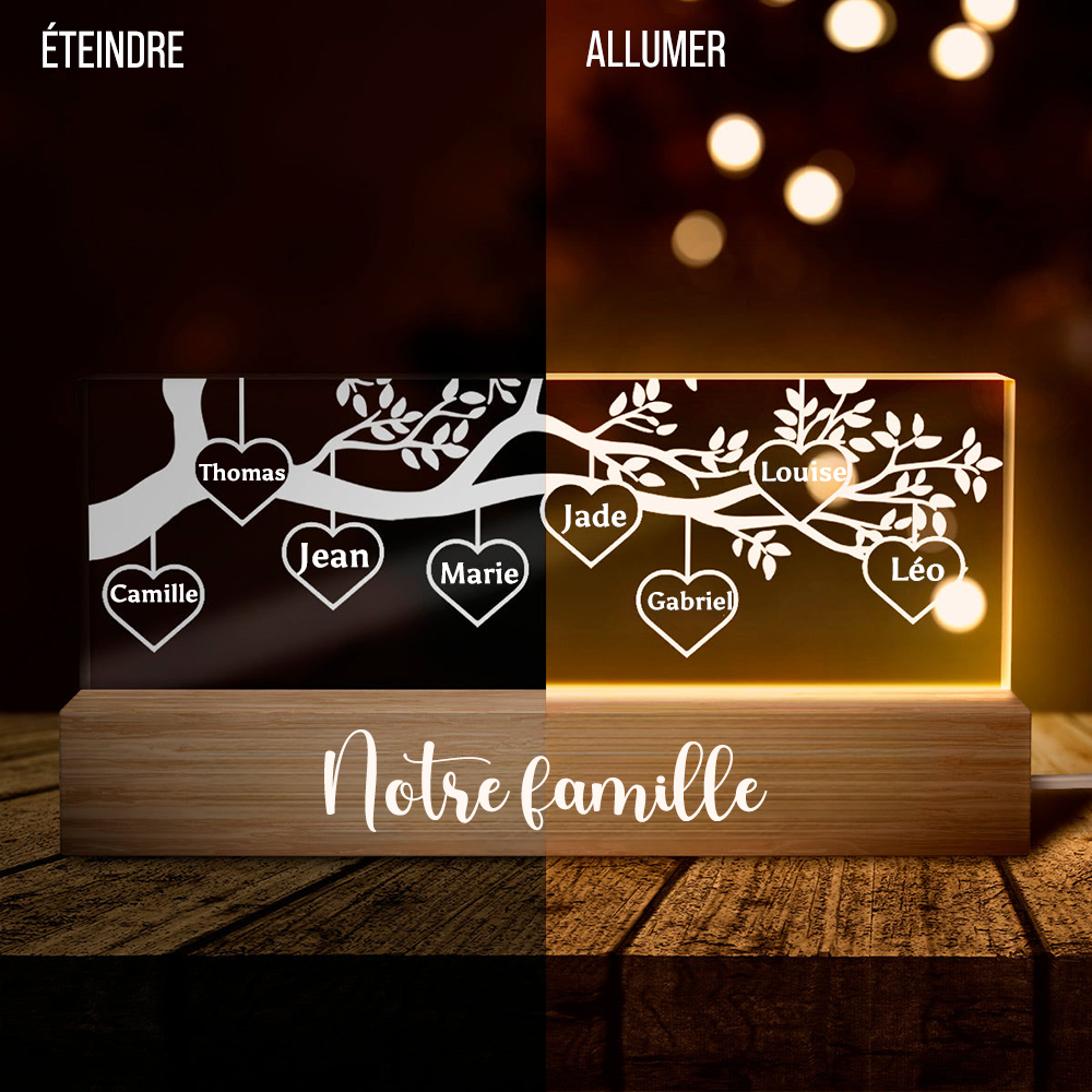 Arbre généalogique - Veilleuse LED personnalisée avec 1 à 8 noms Cadeau pour la famille