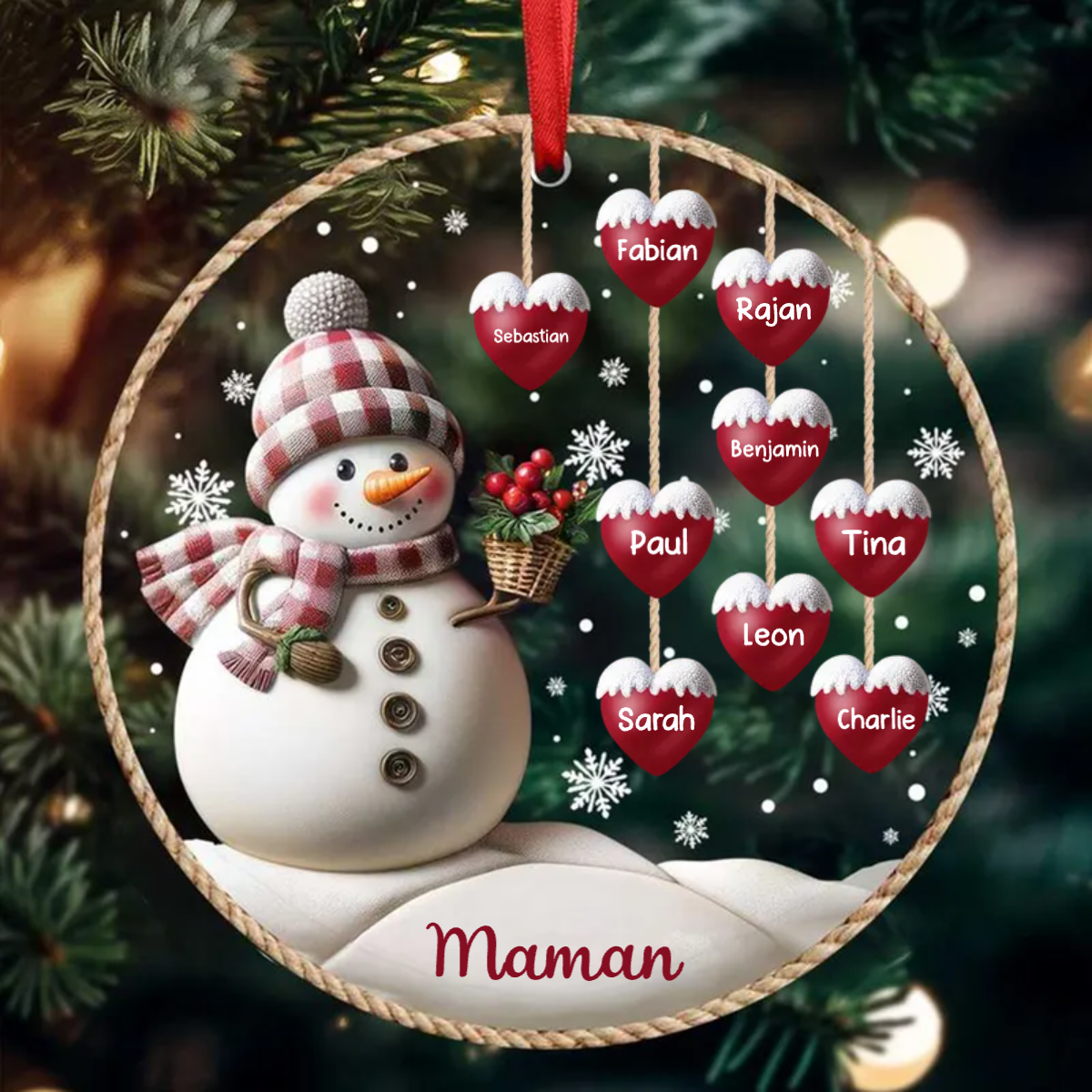 Ornement personnalisé sapin de Noël bonhomme de neige avec coeurs
