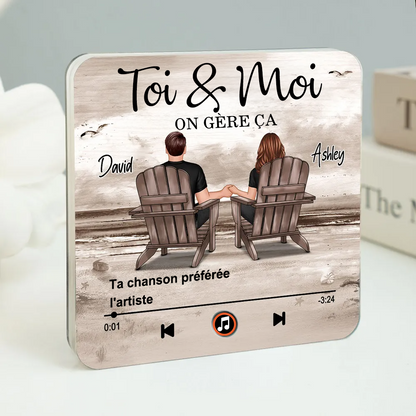 Aimant musical pour réfrigérateur avec 2 personnages, noms et citation Cadeau pour couple