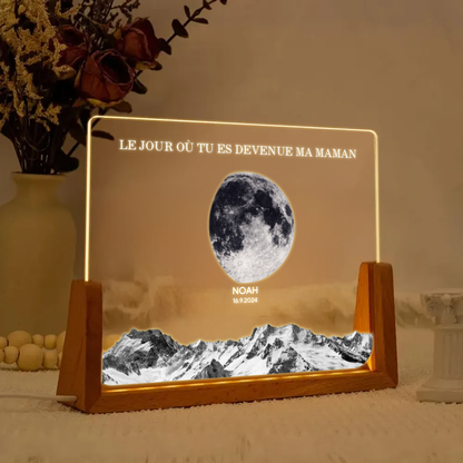 Veilleuse LED personnalisée avec phases de lune et socle en U – Cadeau pour maman
