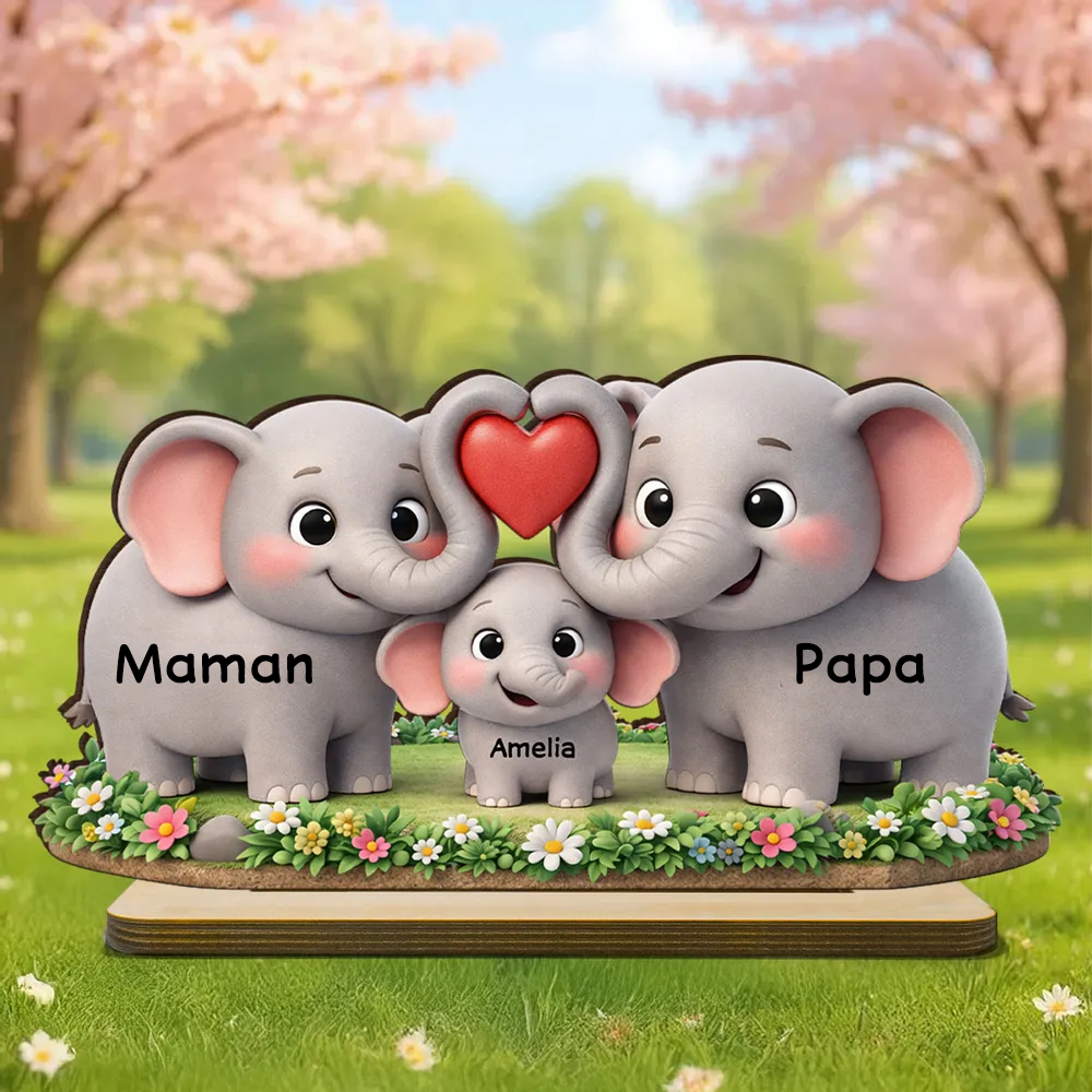 Famille d’éléphants – Présentoir en bois personnalisé avec prénoms – Cadeau pour maman et papa
