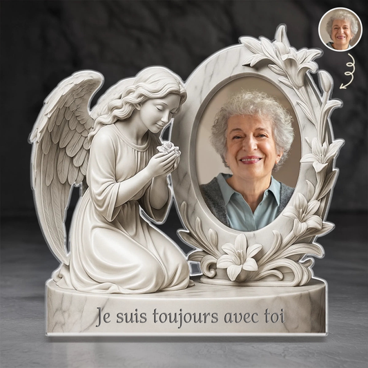Plaque acrylique avec photo et motif d’ange – Cadeau de deuil
