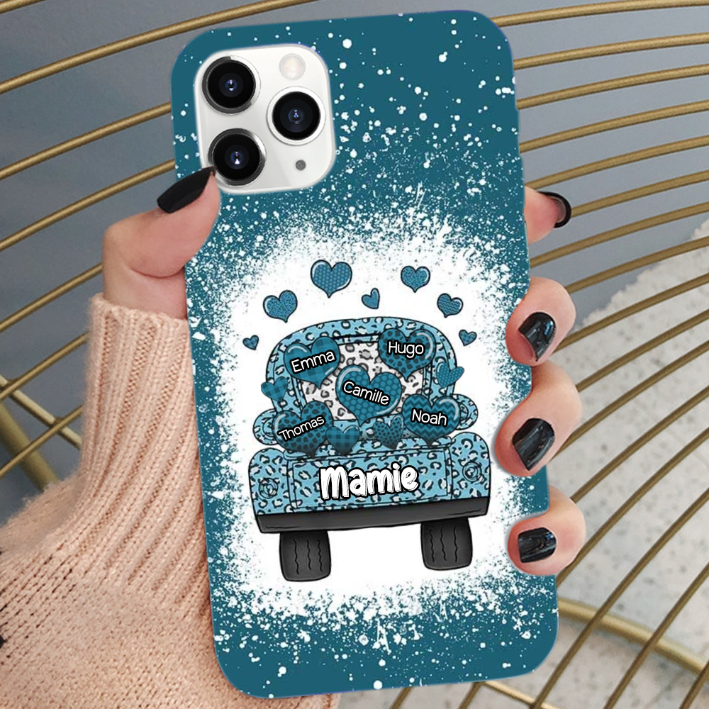 Coque en silicone personnalisée avec landau, cœurs et prénoms – Cadeau pour mamie et maman, compatible iPhone et Samsung