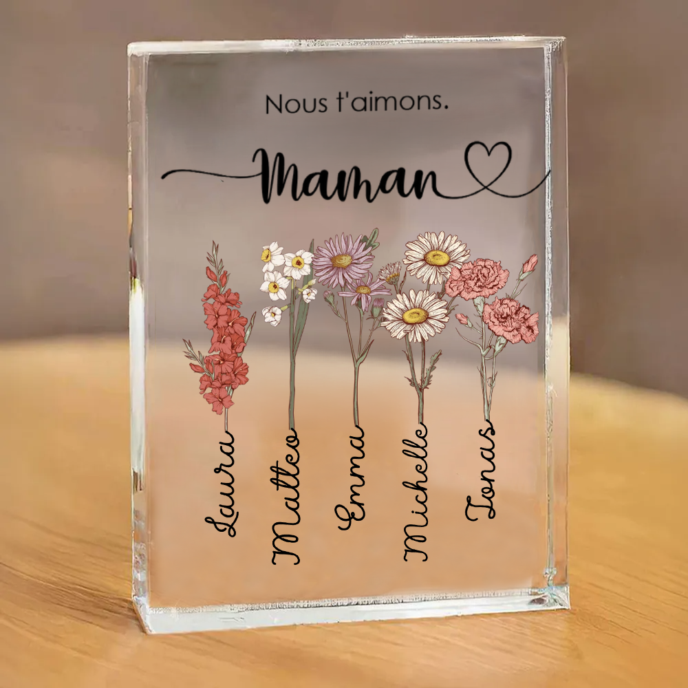 Bloc en acrylique personnalisé avec fleurs de naissance, prénoms et texte – Cadeau pour mamie et maman