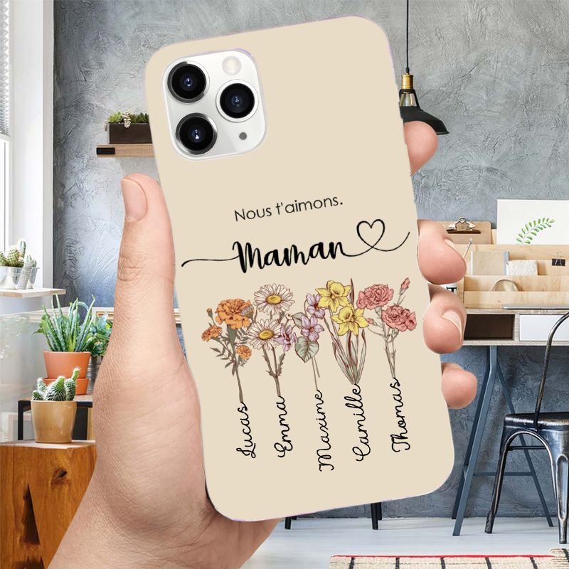 Coque en silicone personnalisée avec fleurs de naissance – Cadeau pour mamie et maman, compatible iPhone et Samsung
