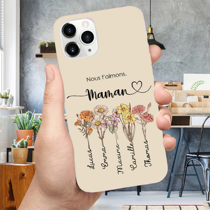 Coque en silicone personnalisée avec fleurs de naissance – Cadeau pour mamie et maman, compatible iPhone et Samsung