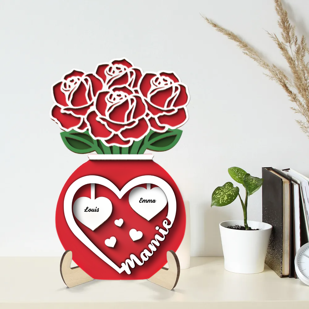 Présentoir en bois personnalisé à 2 couches avec bouquet de roses dans un vase – Cadeau pour maman et mamie