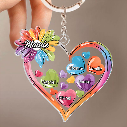 Cœurs colorés – Porte-clés personnalisé en acrylique pour Mamie et Maman