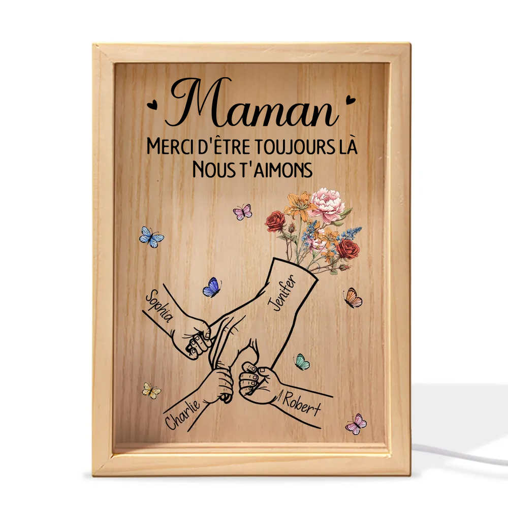 Boîte lumineuse avec cadre en bois, fleurs de naissance, mains et texte – Cadeau pour maman, papa et mamie