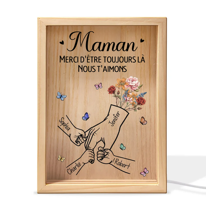 Boîte lumineuse avec cadre en bois, fleurs de naissance, mains et texte – Cadeau pour maman, papa et mamie