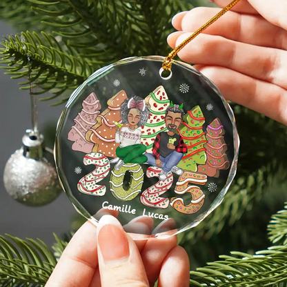 2025 Famille Gâteau & Arbres à biscuits Décoration de Noël personnalisée en verre pour sapin de Noël avec parents, enfants et animaux domestiques