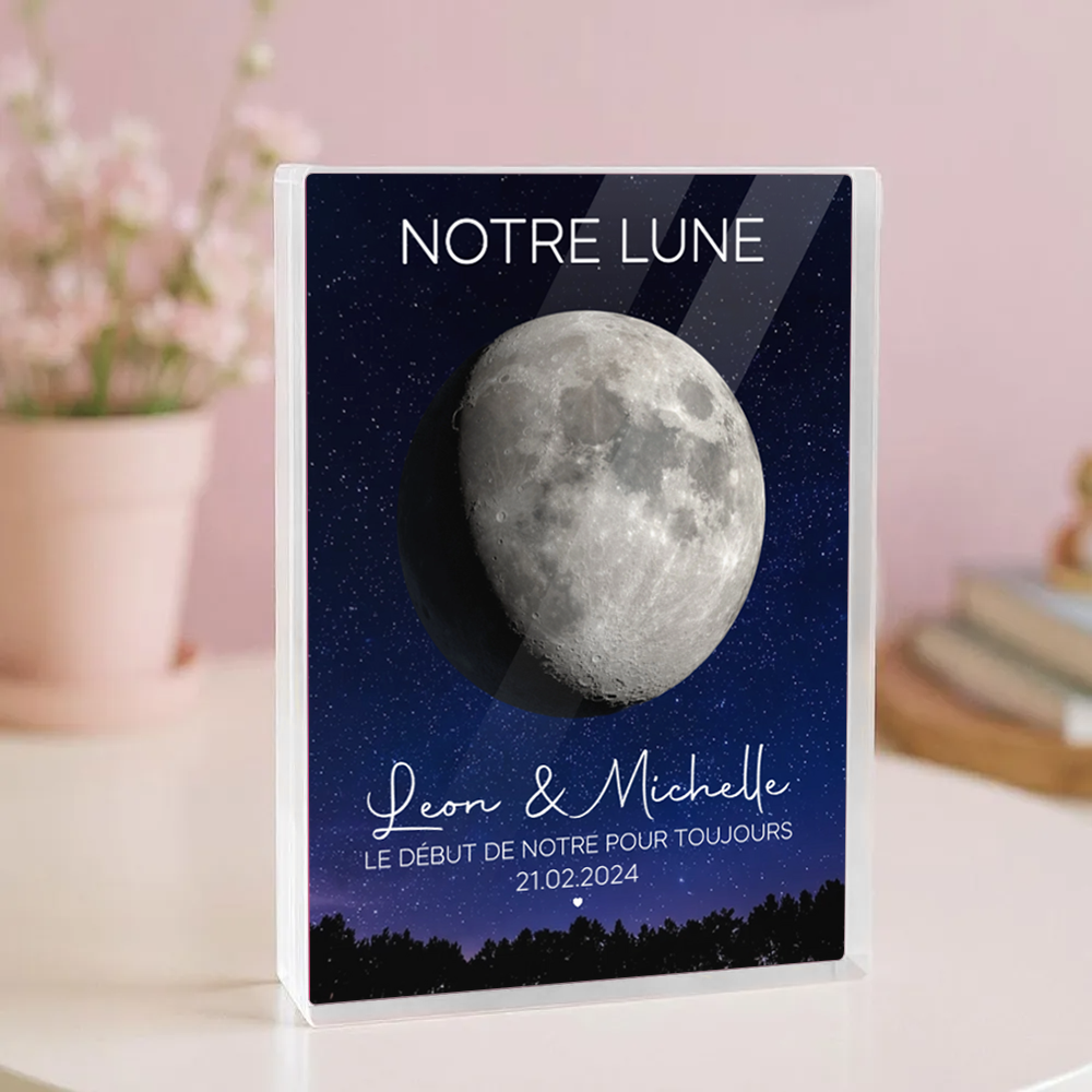 Notre lune pour les couples - Bloc acrylique personnalisé avec phase lunaire, noms et citation