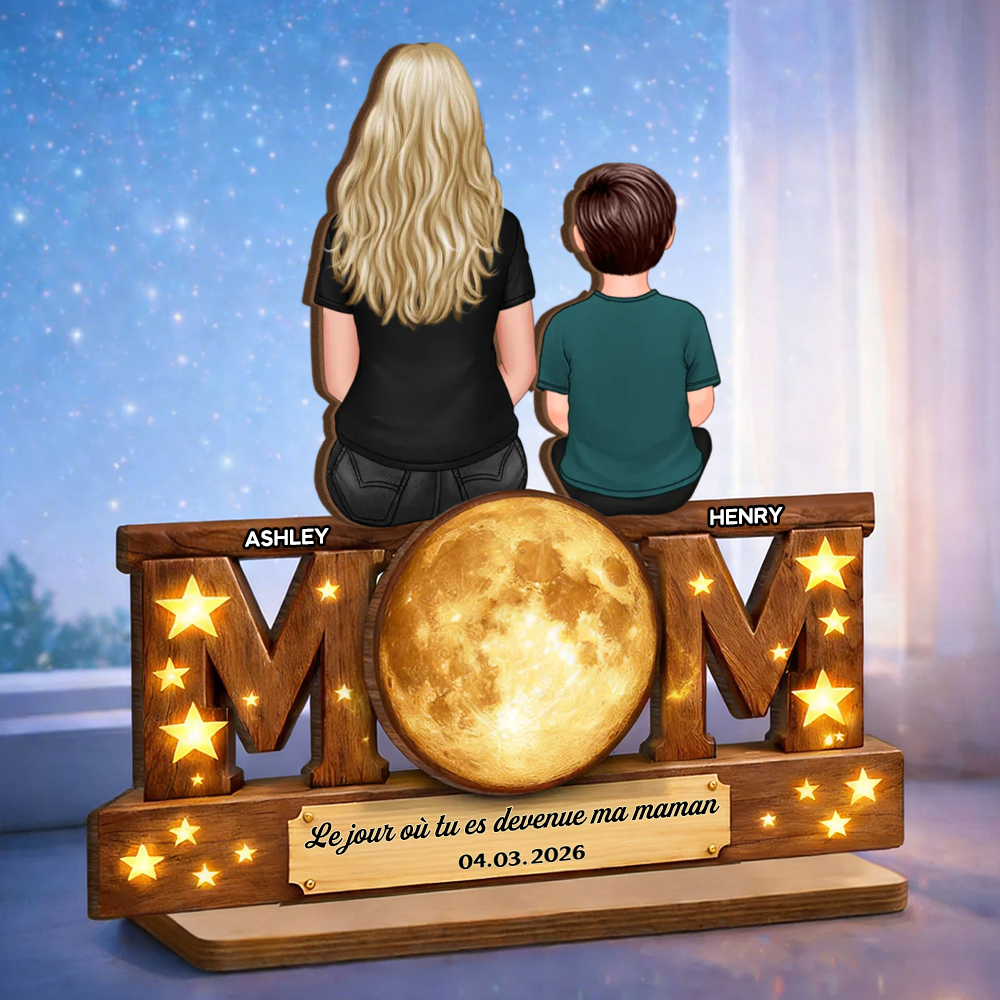« Le jour où tu es devenue ma maman » – Décoration en bois personnalisé « MOM » avec phase de lune – Cadeau pour maman