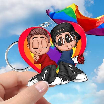 Porte-clés acrylique personnalisé cœur arc-en-ciel – Cadeau pour couple LGBT