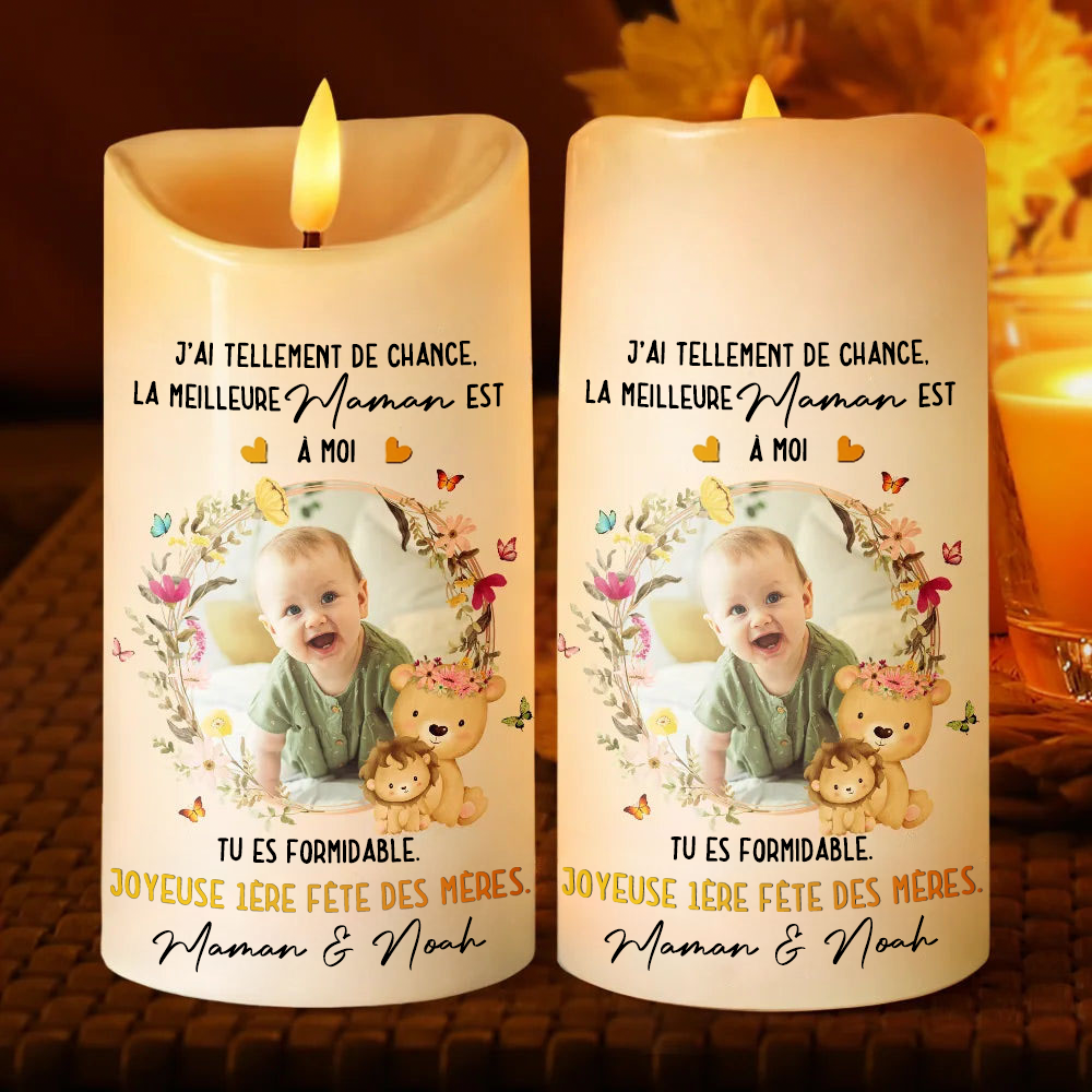 Bougie LED « La meilleure maman est à moi » avec photo et texte – Cadeau pour jeune maman