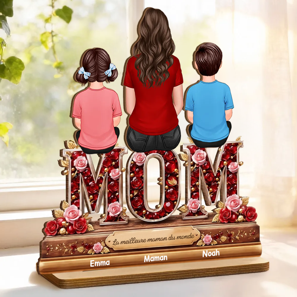 « MAMAN, MAMIE, MOM » – Présentoir en bois personnalisé avec femme et enfants