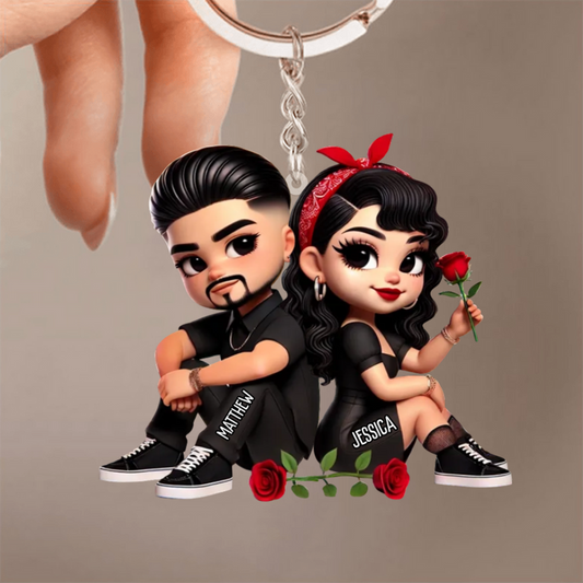 Porte-clés en acrylique personnalisé « Couple avec roses », cadeau pour couple