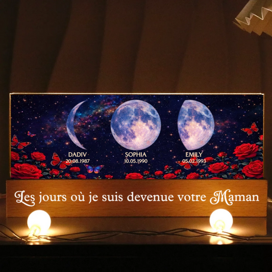Roses et phases de lune – Veilleuse LED personnalisée avec texte et phases lunaires – Cadeau pour maman et mamie