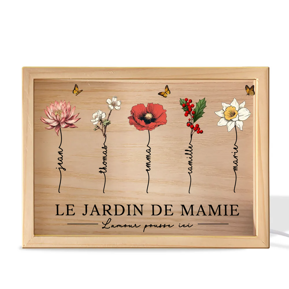 Jardin de mamie – Boîte lumineuse cadre en bois personnalisée avec fleurs de naissance et texte, pour mamie et maman