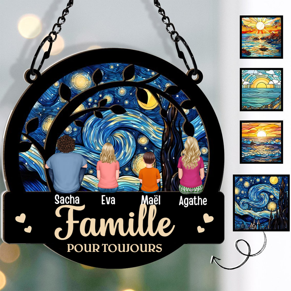 Famille pour toujours - Ornement de fenêtre personnalisé en acrylique et bois attrape-soleil