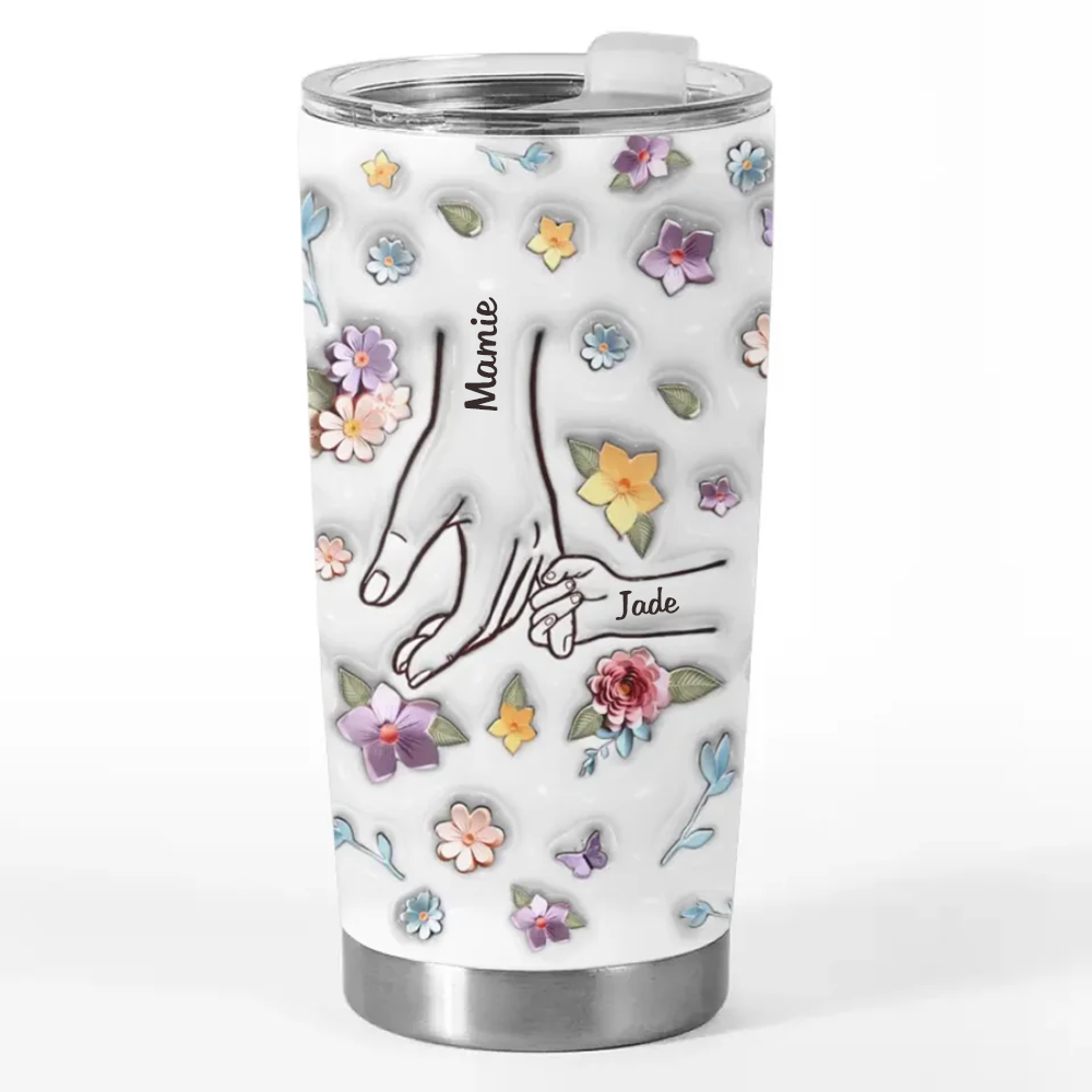 Mains dans la main – Gobelet isotherme personnalisé avec motif floral, cadeau pour Mamie et Maman