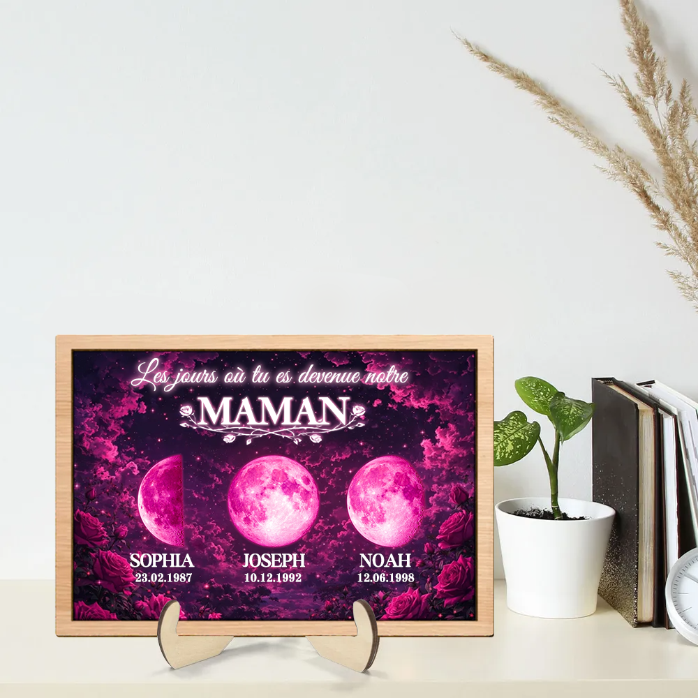 « Ces jours-là, tu es devenue notre maman » – Présentoir en bois personnalisé avec phases de lune