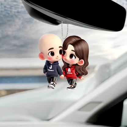 Adorable Couple Dessiné – Ornement Acrylique Personnalisé Pour Voiture