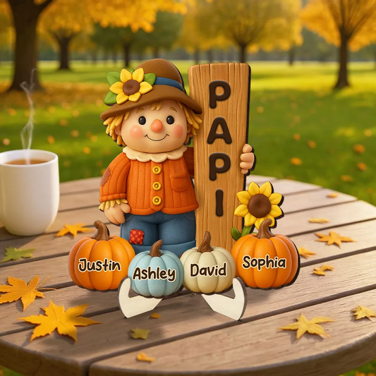 Adorable épouvantail et citrouilles – Plaque en bois personnalisée avec prénom(s) – Cadeau pour mamie