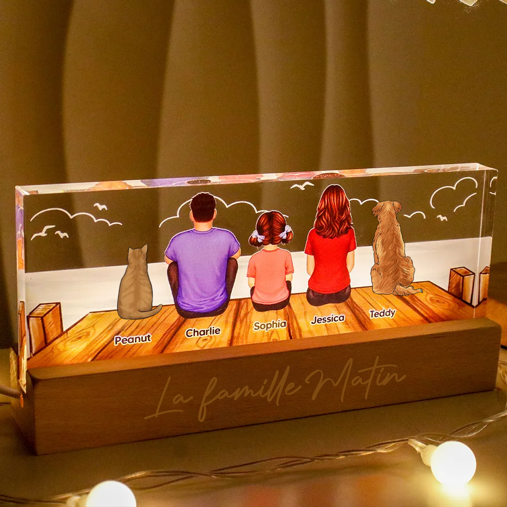 Veilleuse LED personnalisée avec famille, chat et chien – Cadeau pour papa, maman, papi et mamie