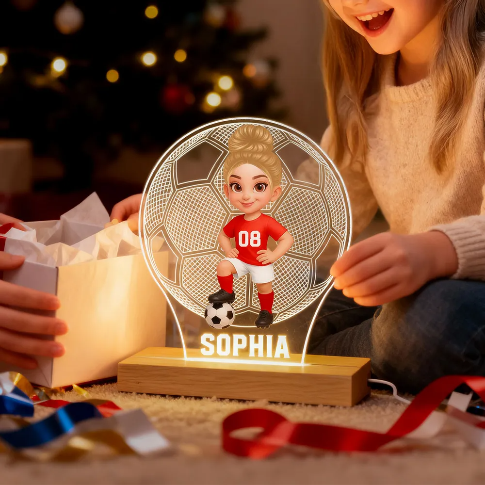 Enfant footballeur – Veilleuse LED personnalisée avec figurine et prénom – Cadeau pour fille et garçon