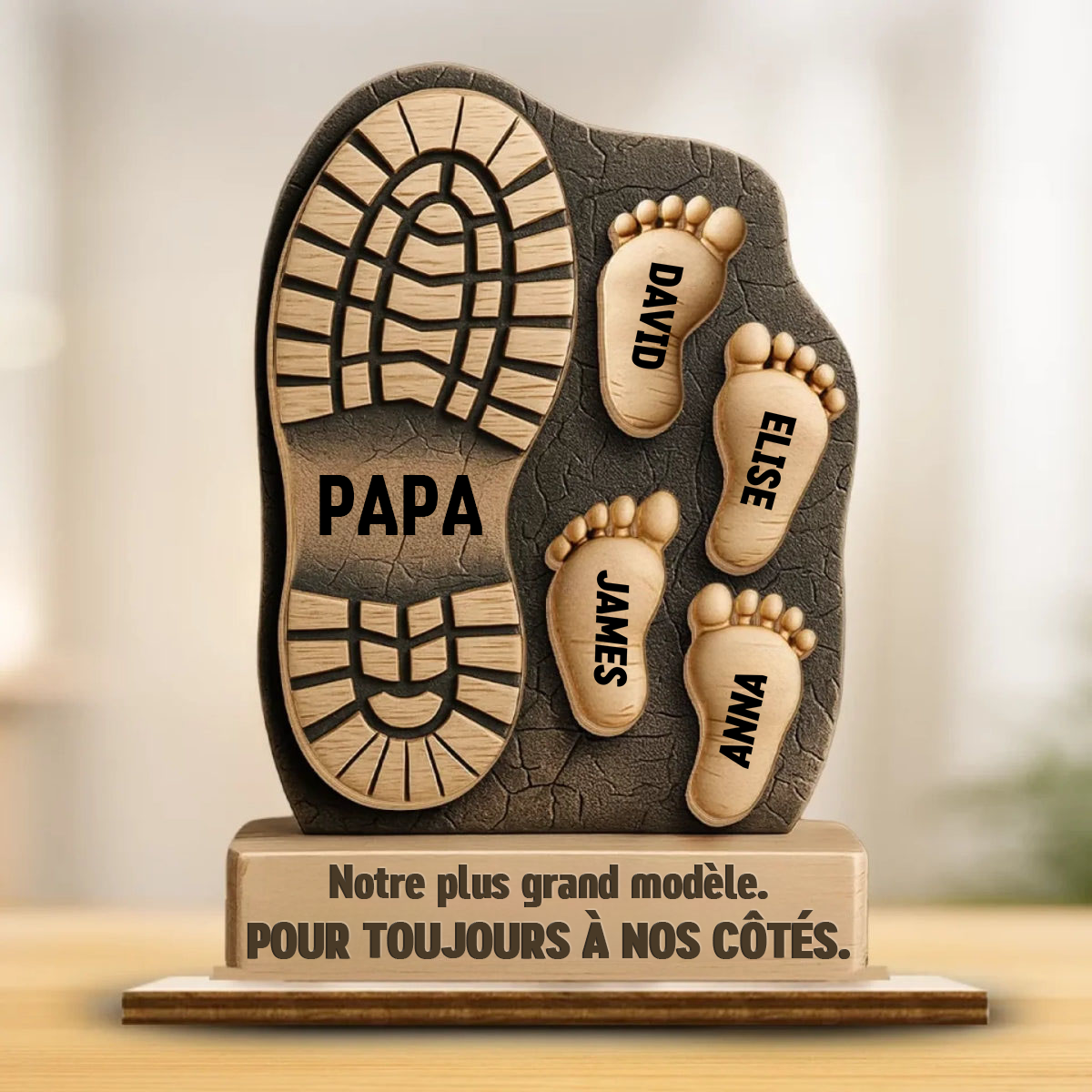 Décoration en bois personnalisé à 2 couches avec empreintes de pieds – Cadeau pour papa