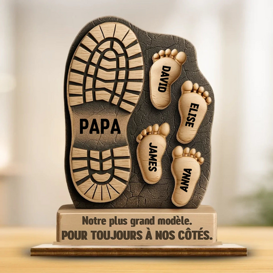 Décoration en bois personnalisé à 2 couches avec empreintes de pieds – Cadeau pour papa
