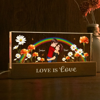Arc-en-ciel et fleurs de naissance – Veilleuse LED personnalisée, cadeau pour couple LGBT
