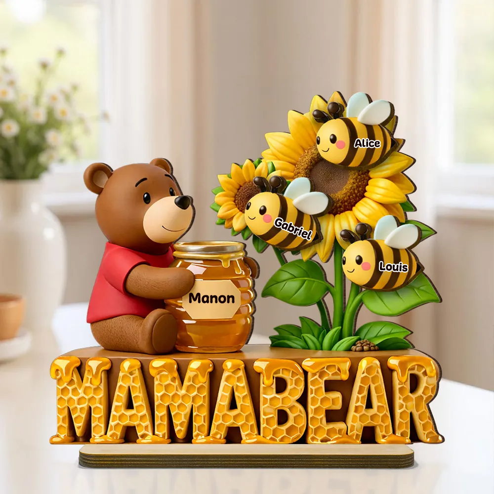 Décoration en bois personnalisé « Maman Ourse » avec abeilles – Cadeau pour maman et Papa